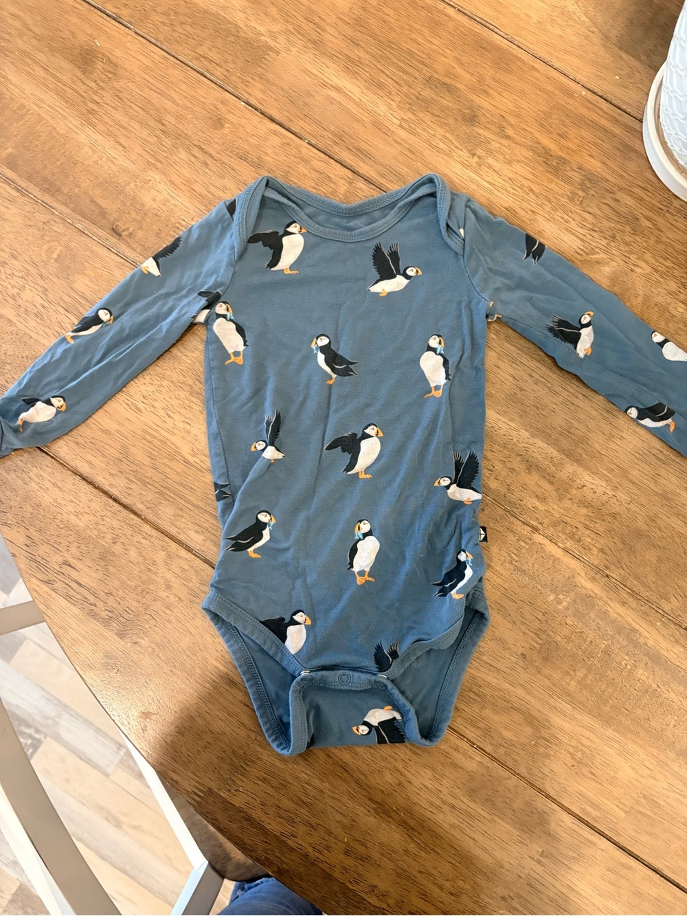 Kyte BABY Blue Puffin-Print Long Sleeve Bodysuit. Like New. Size: 12-18 mos.
